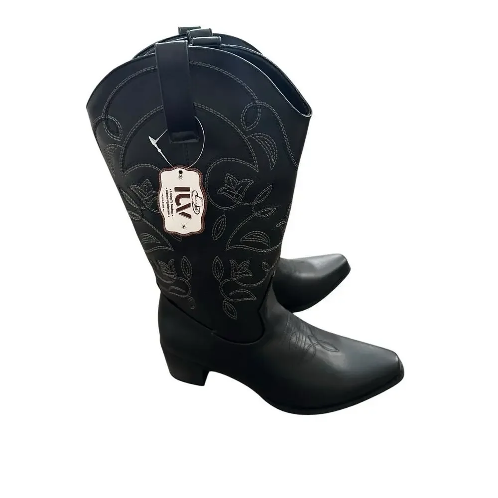 IUV Women’s Size 10 Black Leather Cowboy Cowgirl Boots Embroidered Pointy Toe